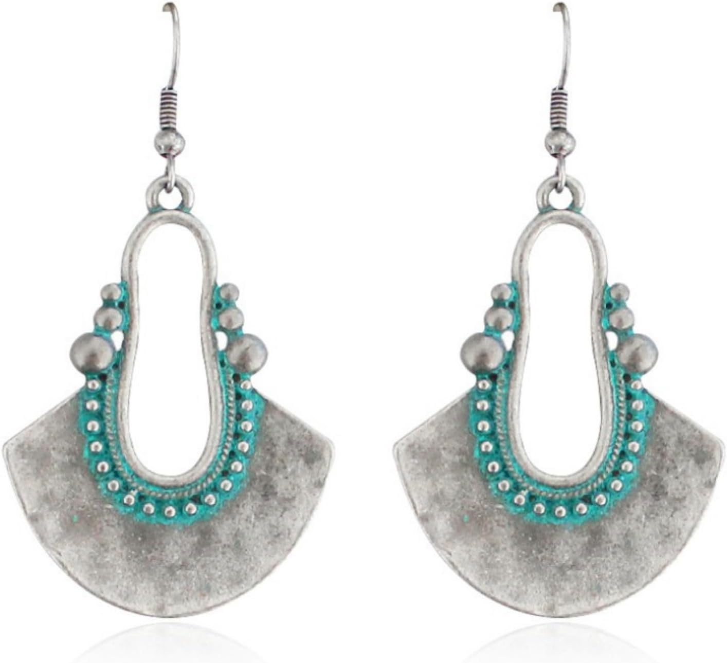 Boho Antique Carved Flower Dangle Drop Earrings for Women Vintage Retro Handmade Hollowed Antiqued Bronze Floral Shaped Geometric Gold Silver Plated Hoop Earrings for Ethnic Style Jewelry Gifts