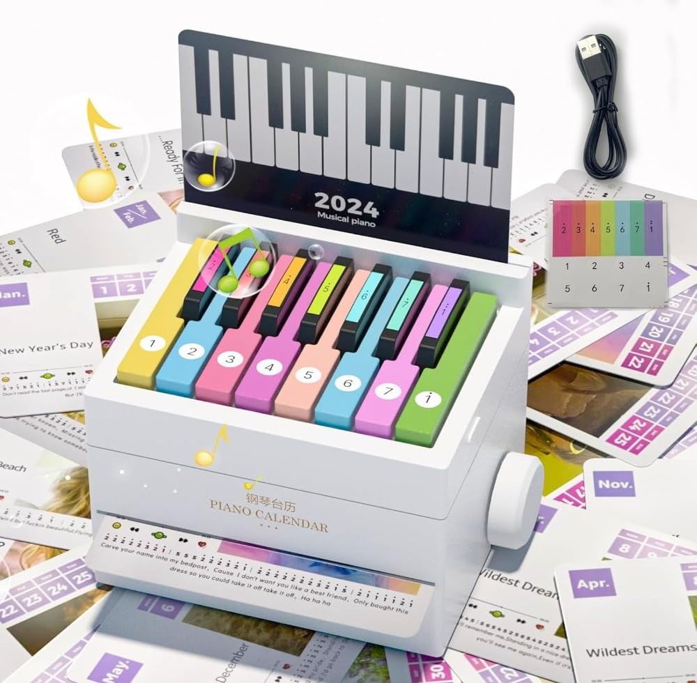 Playable Mini Piano Desk Calendar 2024,3D Memo Pad Creative Time Piece Calendar with 52 World Famous Songs, Music Singer Playable Piano Desk Calendar Album Cover Piano Calendar for Music Lovers(White)