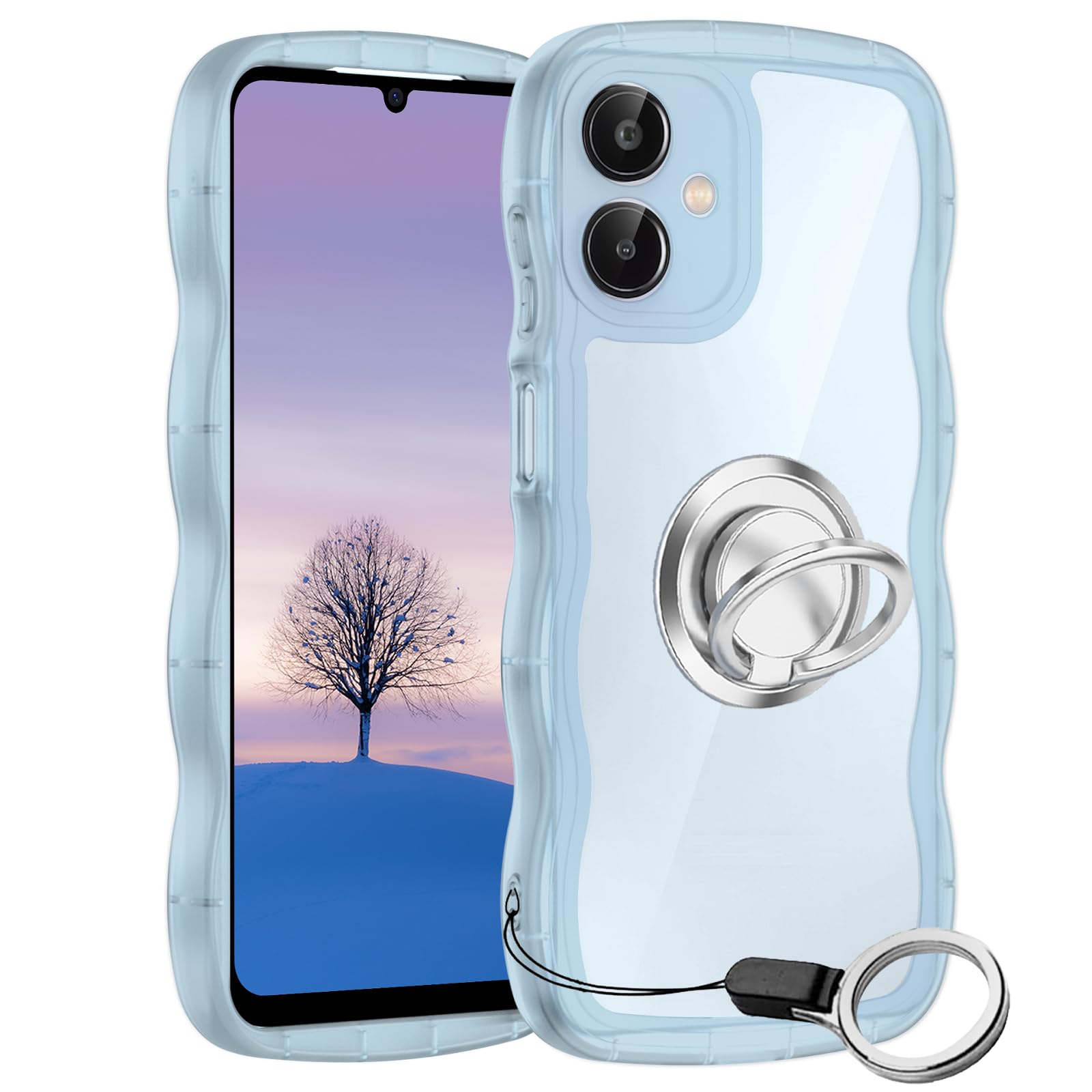 Galaxy A25 5G ケースブルー ウェーブ リング付き TPU波状のバンパー 半透明 スマホケース かわいい うねうね ギャラクシーA25 5G SC-53F SCG33 ウェーブ デザイン 可愛い 韓国 女性用 薄型 人気 おしゃれ 耐衝撃 ストラップホール付き(ブルー)