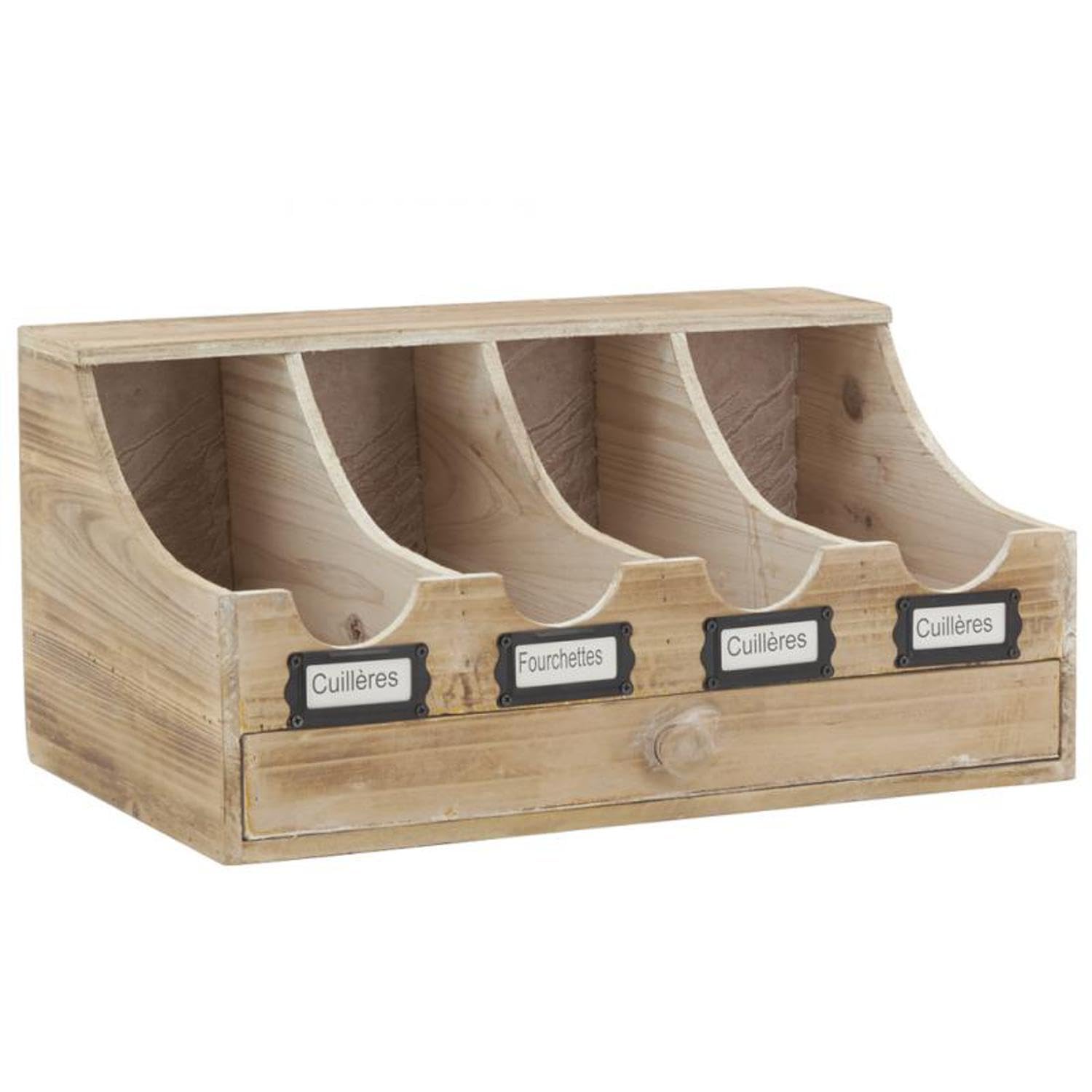 AUBRY GASPARD - Range-Couverts Brasserie Bois Vieilli - 4 Compartiments + 1 Tiroir - Étiquettes de Tri - 40x25x20 cm - Organisation Cuisine - Poids 3 kg