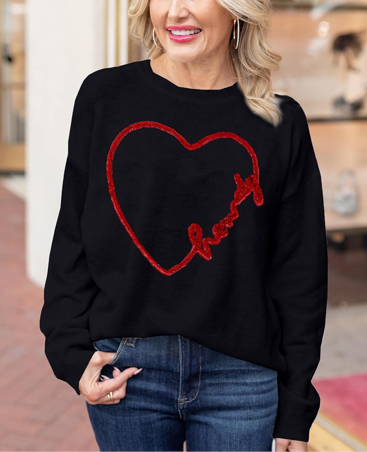 SELINK Women's Valentines Sweater Crew Neck XOXO Heart Print Casual Long Sleeve Pullover Tops Sweaters - Image 2