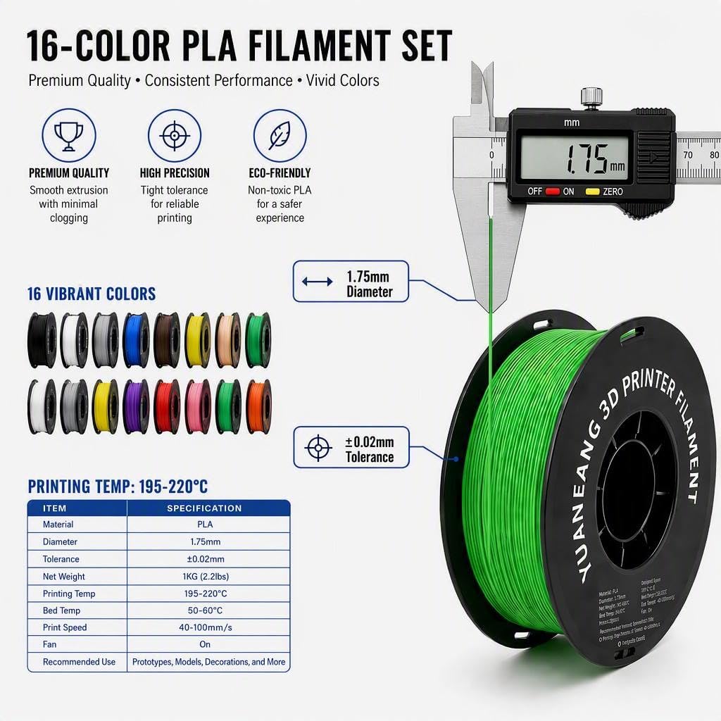 Lot de filaments PLA pour imprimante 3D, filament PLA unicolore, 1,75 mm, pour la plupart des imprimantes 3D FDM, 1 kg x 16 bobines