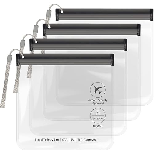 4PC Airport Security Liquids Bags 20X20 cm Clear TSA Approved Security Toiletry Bag Approved Hand Luggage Regulations Waterproof Liquids Wash Bags Travel Accessorie Holiday Essentials for Women/Men