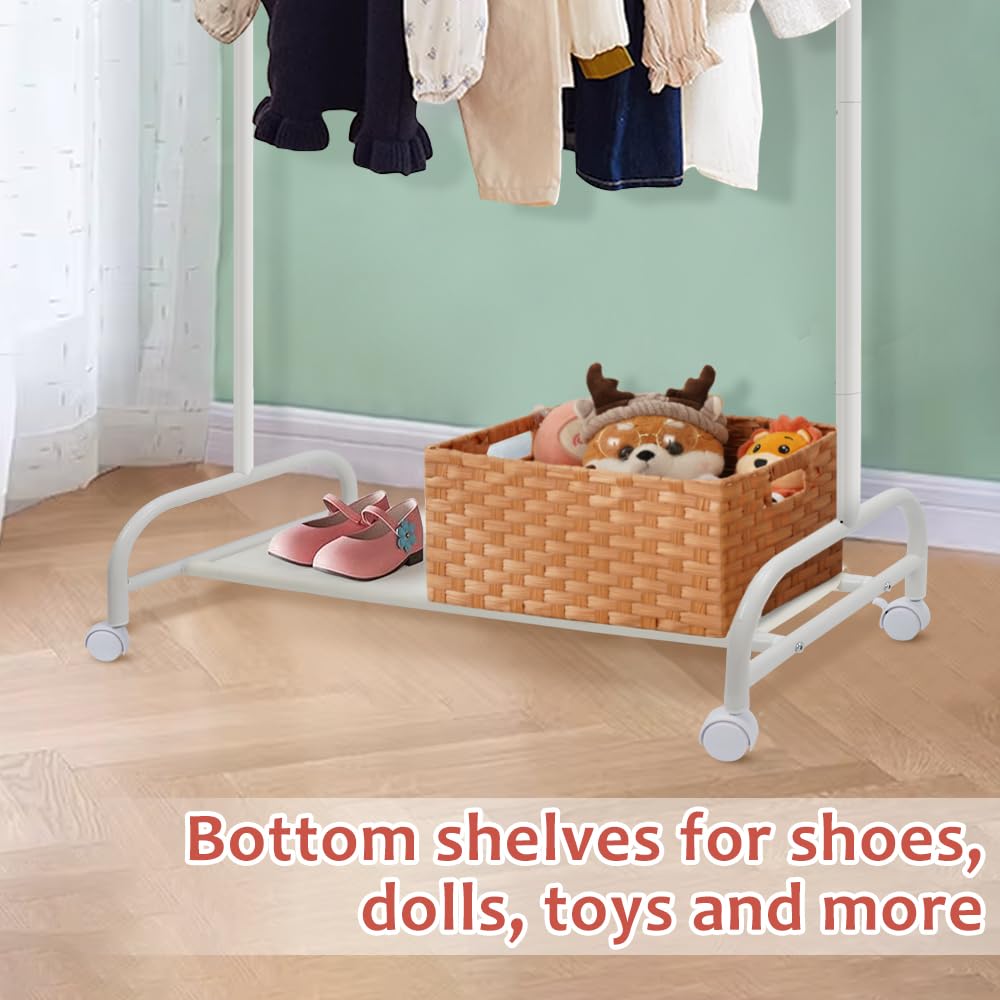 Perchero para niños, con ruedas, de metal, estable, con estante inferior, zapatero para abrigos, faldas, disfraces, color blanco