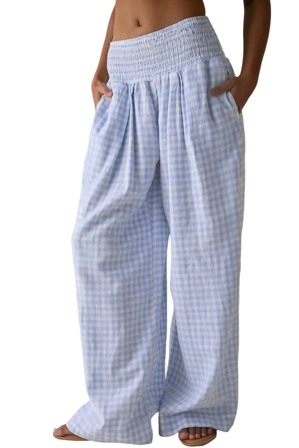 MARZXIN Casual Pants for Women Myosotis Plaid Print Smocked High Waist Loose Pants