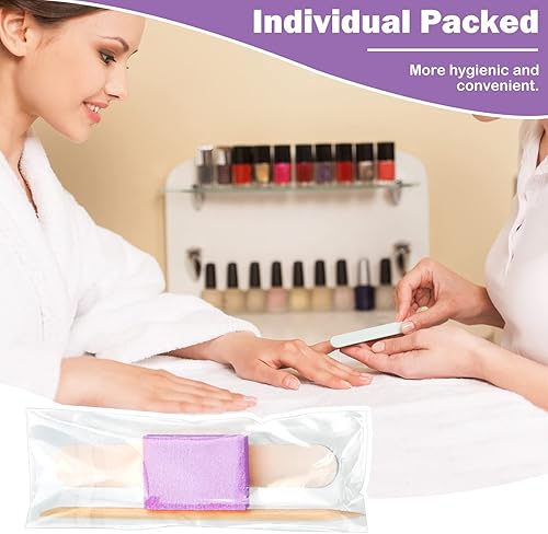 Miniatura 3 de Leelosp Juego de 100 juegos de manicura desechables, kit básico de 3 piezas, lima de uñas de madera blanca, grano 180180, mini búfer morado grano