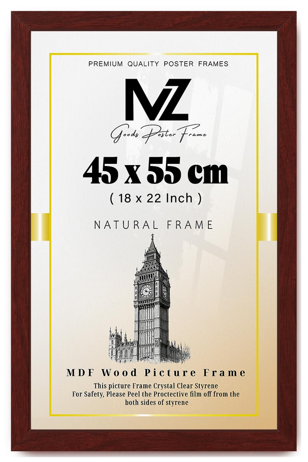 MZ GOODS | MDF Picture Frame (45 x 55 CM) No Mount Included for Paintings, Album Covers & Wall Art, MDF Finish, Secure Hanging Hooks Included [ Mahogany ]