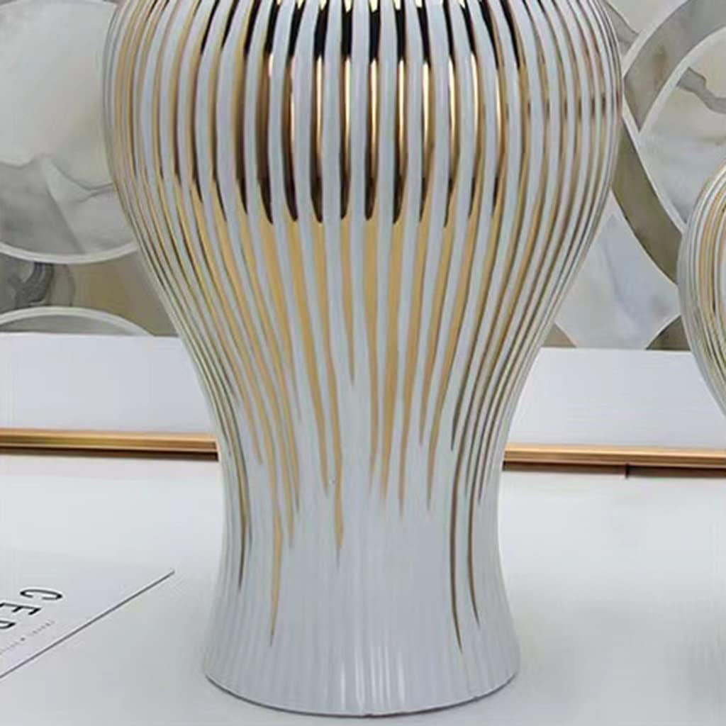 Ceramiczny słoik imbirowy z pokrywką - retro porcelanowy słoik na świątynię do dekoracji biura domowego, biały i złoty wzór w paski