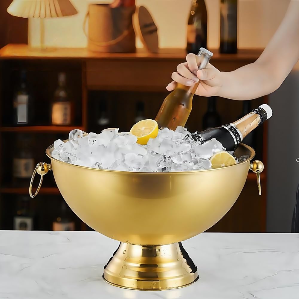 Grande secchiello per champagne in acciaio inox, 40,1 cm, per vino, birra, bevande, ciotola per punch con doppia maniglia per feste, bar, barbecue, ristorante, eventi all'aperto (argento)