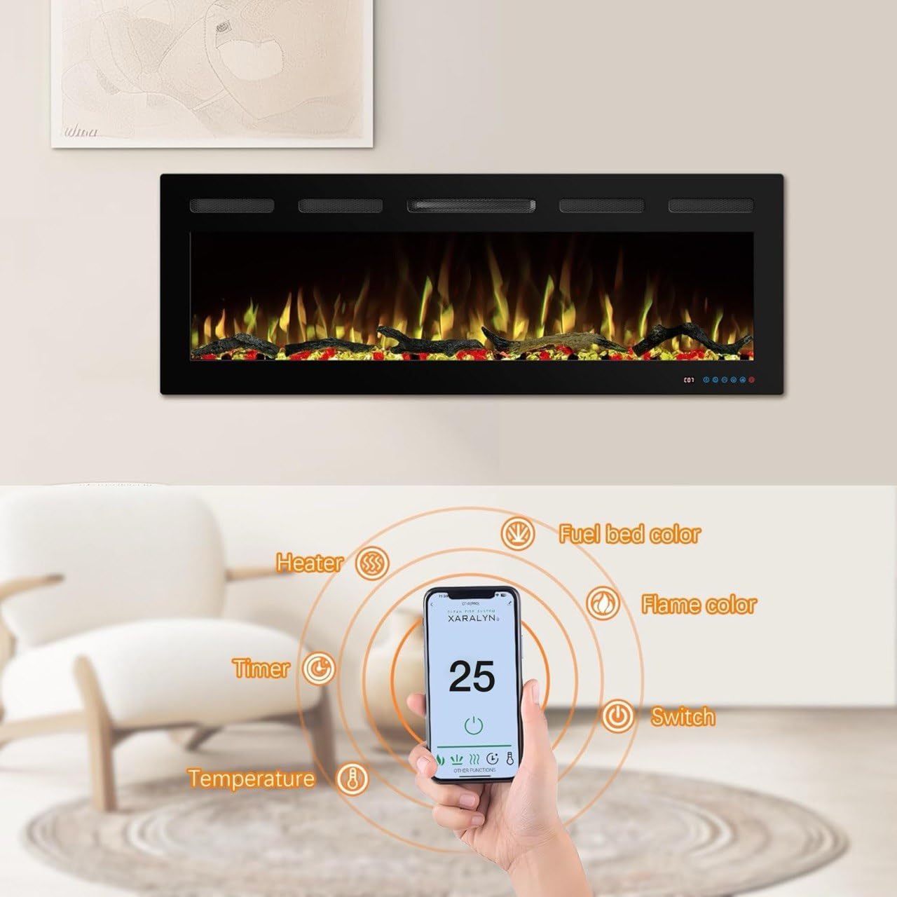 Mystflame Galaxy 50 Pro Wi-Fi - Camino Elettrico da Parete con 13 Colori di Fiamma e Luce Inferiore, Letto di Combustibile in Legno e Cristallo, Termostato da 750/1500 W, Telecomando e Touchscreen