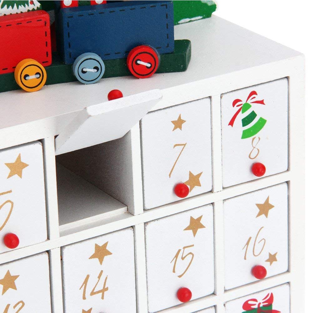 BAKAJI Calendario dell' Avvento di Natale in Legno con 24 Cassetti Numerati per Sorpresa Decorazioni Addobbi Natalizi Casa (Trenino Babbo Natale)