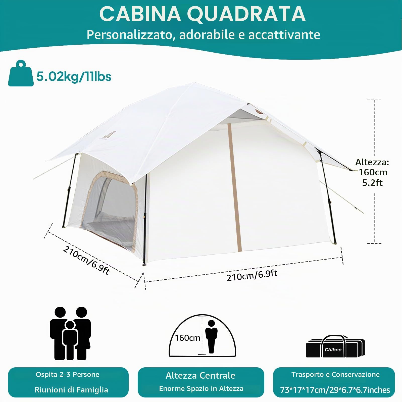 Chihee Tende da campeggio Pop up Installazione facile Tenda istantanea Rifugio all'aperto Tenda Stand-up Cabina quadrata per famiglie con Finestre a rete Parapioggia esterno Borsa da trasporto