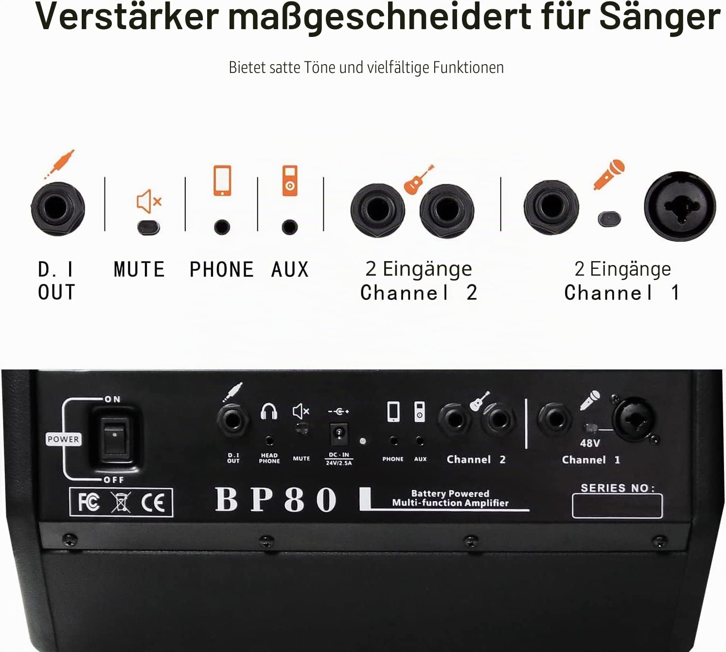 BP80 Batteriebetriebener Akustikgitarren-Verstärker, tragbarer Bluetooth-Lautsprecher, 100 W, 6 Eingänge, 3-Band-EQ, Schwarz