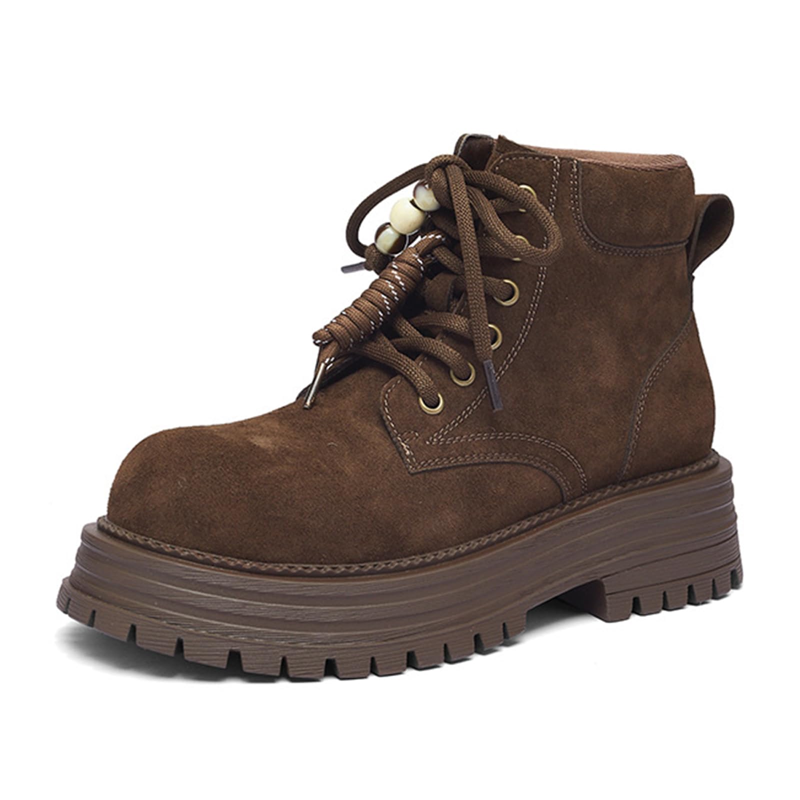 Womens Suede Round Toe Platform Combat Ankle Boots Fashion Comfortable Lace-Up Chunky Lug Sole Non Slip Retro Short