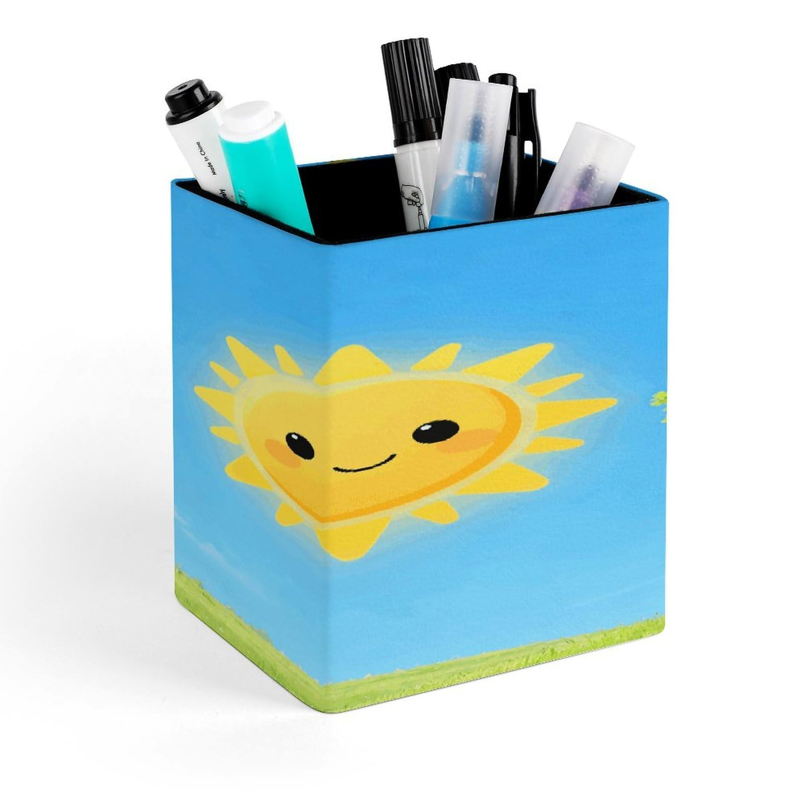 LZQPOEAS Sunshine Square Pen Pencil Holder PU Leather Pencil Cup Desktop Stationery Organizer Office Accessories Container