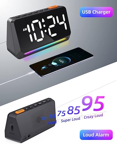 Miniatura 4 de RGB Reloj despertador súper fuerte para dormitorio, durmientes pesados, adultos, adolescentes y niños  Reloj digital pequeño con luz de atmósfera