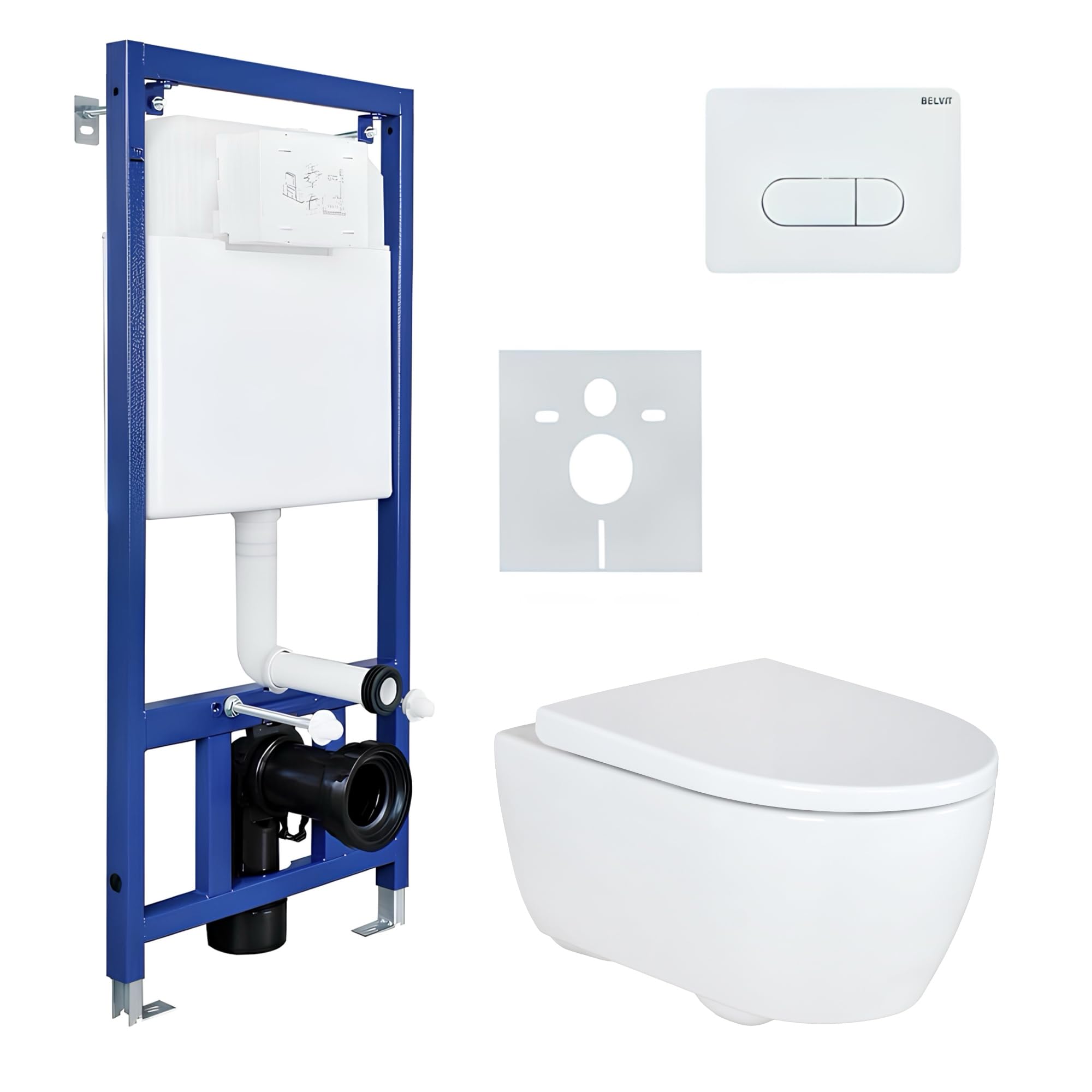 Belvit Geberit iCon Rimfree - Juego completo de inodoro de pared con asiento termoestable Belvit premontado, placa de accionamiento de 2 cantidades, insonorización, estructura de acero estable, color
