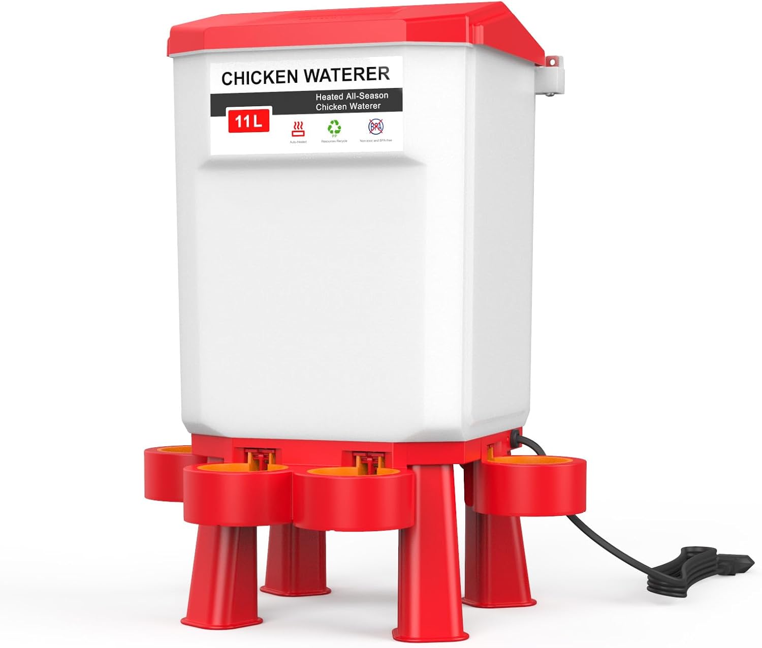 Heated Poultry Waterer, Thermostatically Controlled Heated 11L Plastic Outdoor Hanging Poultry Chicken Water, Heated Chicken Waterer Red