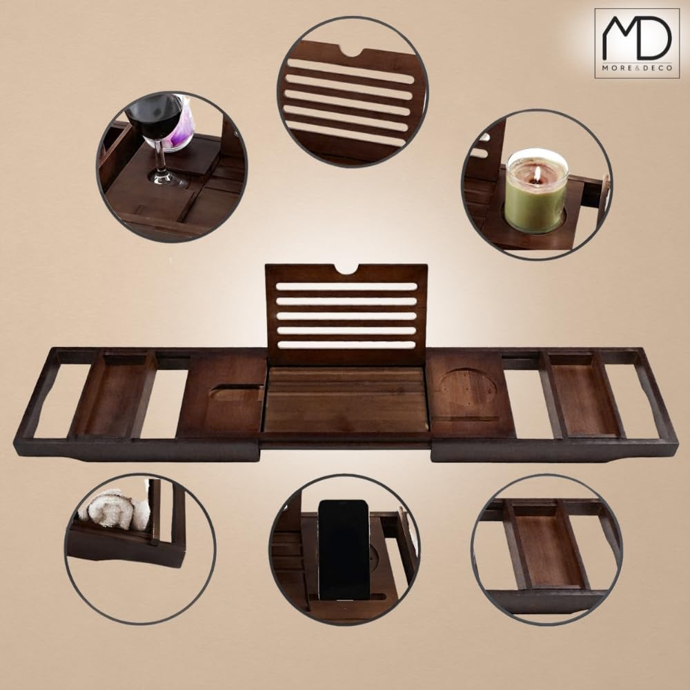 ZOLTA Badewannenablage - Badewannenbrett mit Tablet- oder Buchhalterung - Badewannentablett mit Halterung für Weingläser & Becher - Home Wellness - Badewannenablage aus Bambus Holz - 75-110 x 23 cm
