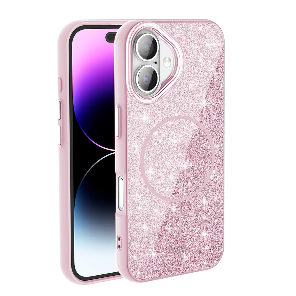 Zore Apple için uyumlu iPhone 16 Kılıf M-safe Şarj Özellikli Parlayan Simli Zore Okso Kapak Pembe