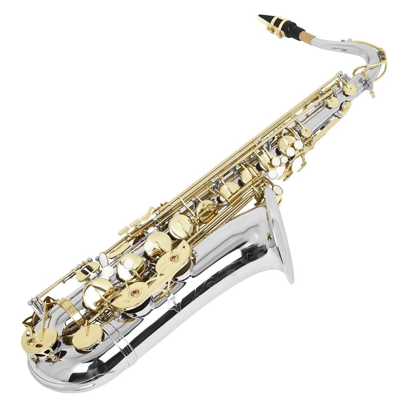 Saxofón Tenor en SIB, Instrumento Musical de latón para Principiantes y Adultos, Color Plateado y Dorado, con Estuche y Cepillo.,B