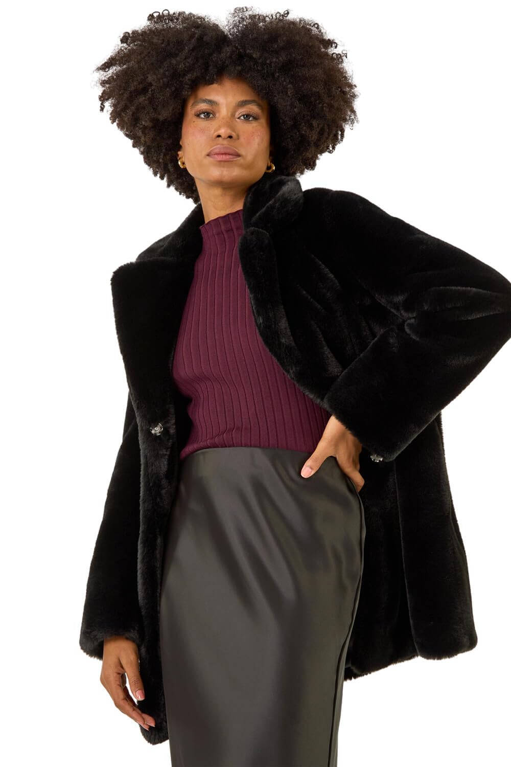 Roman Originals Women Faux Fur Coat - Ladies Jackets Teddy Bear Plush Casual Soft Fluffy Textured Oversized Warm Cosy Autumn Winter Flattering - Onyx - Size 18