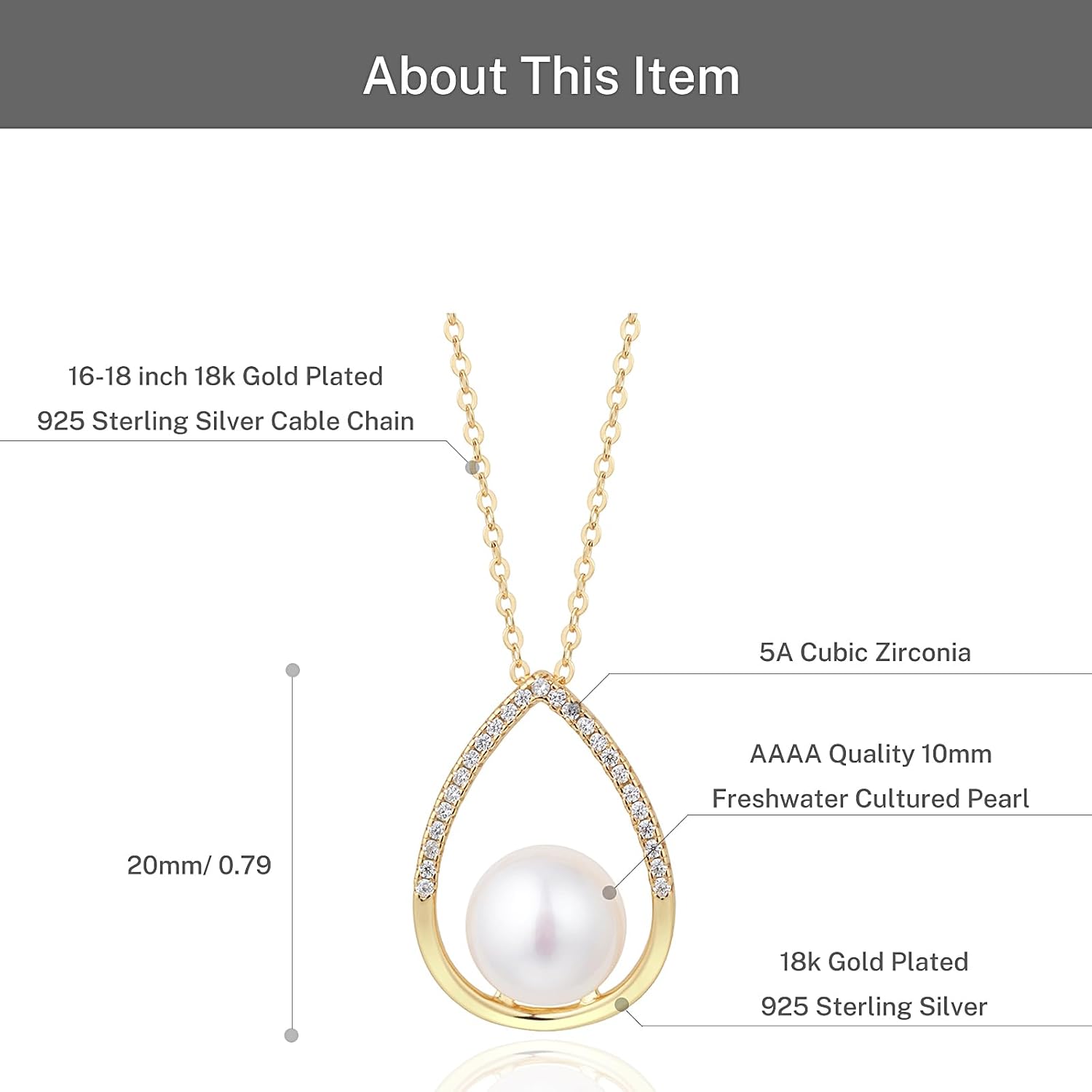 Freshwater Cultured Pearl Pear Pendant Necklace 925 Sterling Silver Jewelry for Women 10mm, 16-18 inch - Image 4