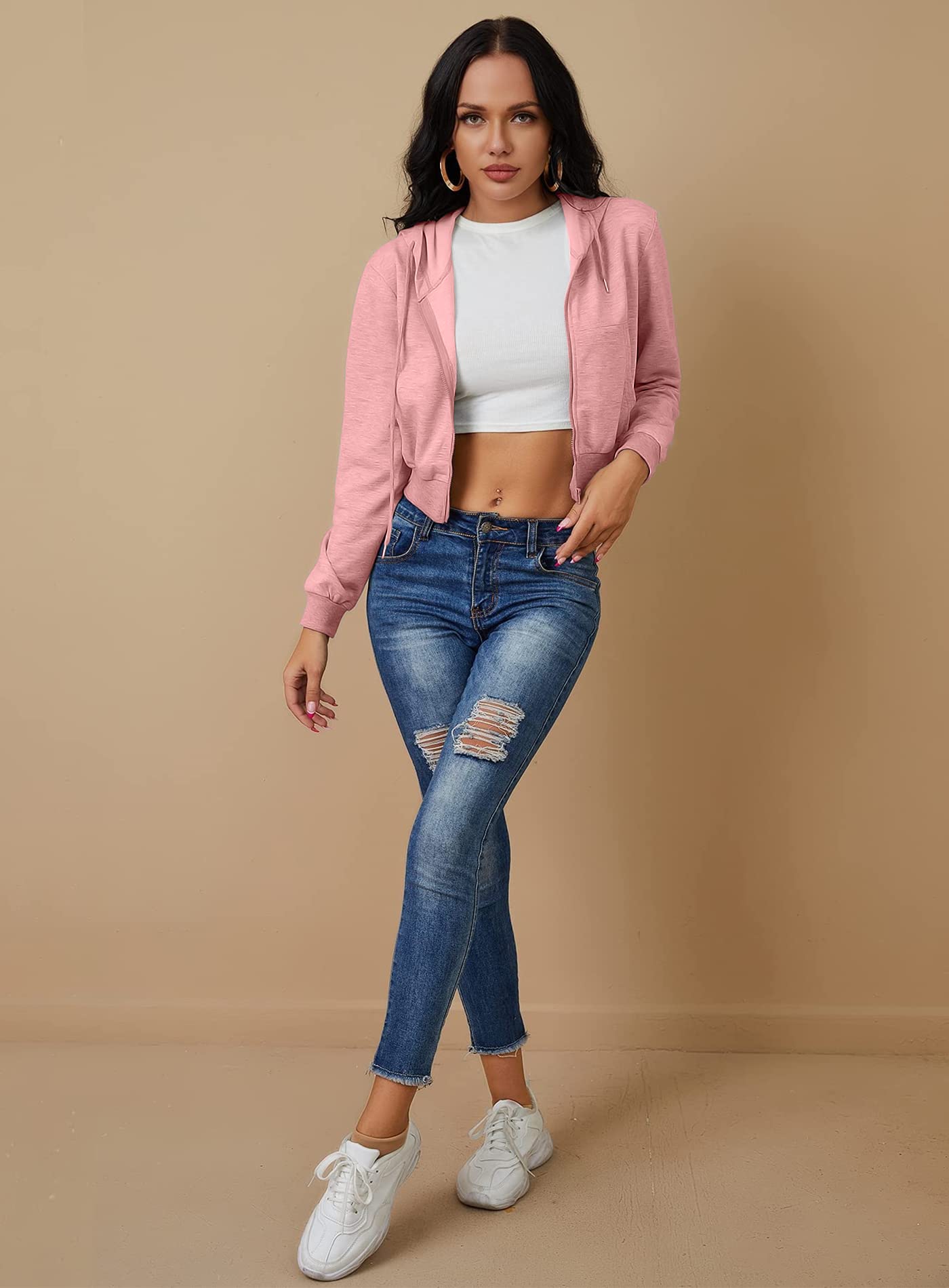 Sudadera Corta con Capucha para Mujer, con Cremallera, con cordón, Informal, Manga Larga