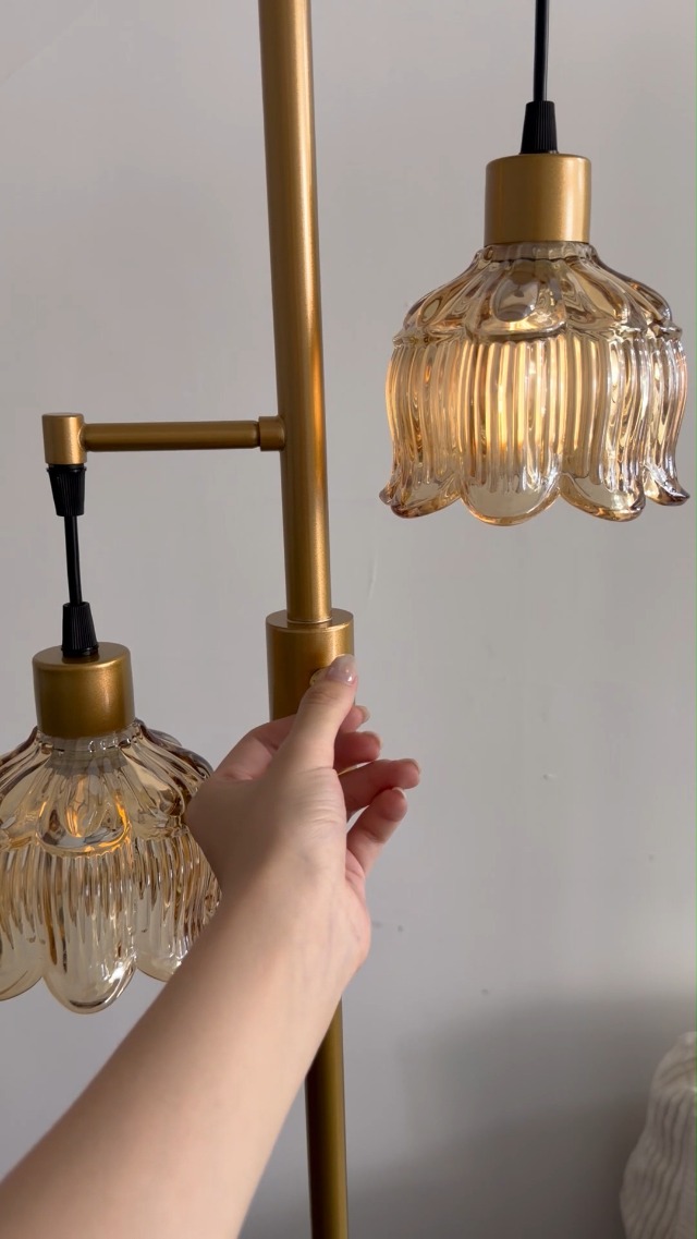 Image of Lightdot Amber Lotus Glass Floor Lamp 2-Light Dimmable Gold Floor Lamps