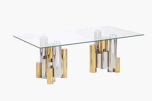 Miniatura 4 de Goujxcy Mesa auxiliar cuadrada de 48 pulgadas de ancho con parte superior de vidrio, mesa de centro de vidrio templado de acero inoxidable dorado