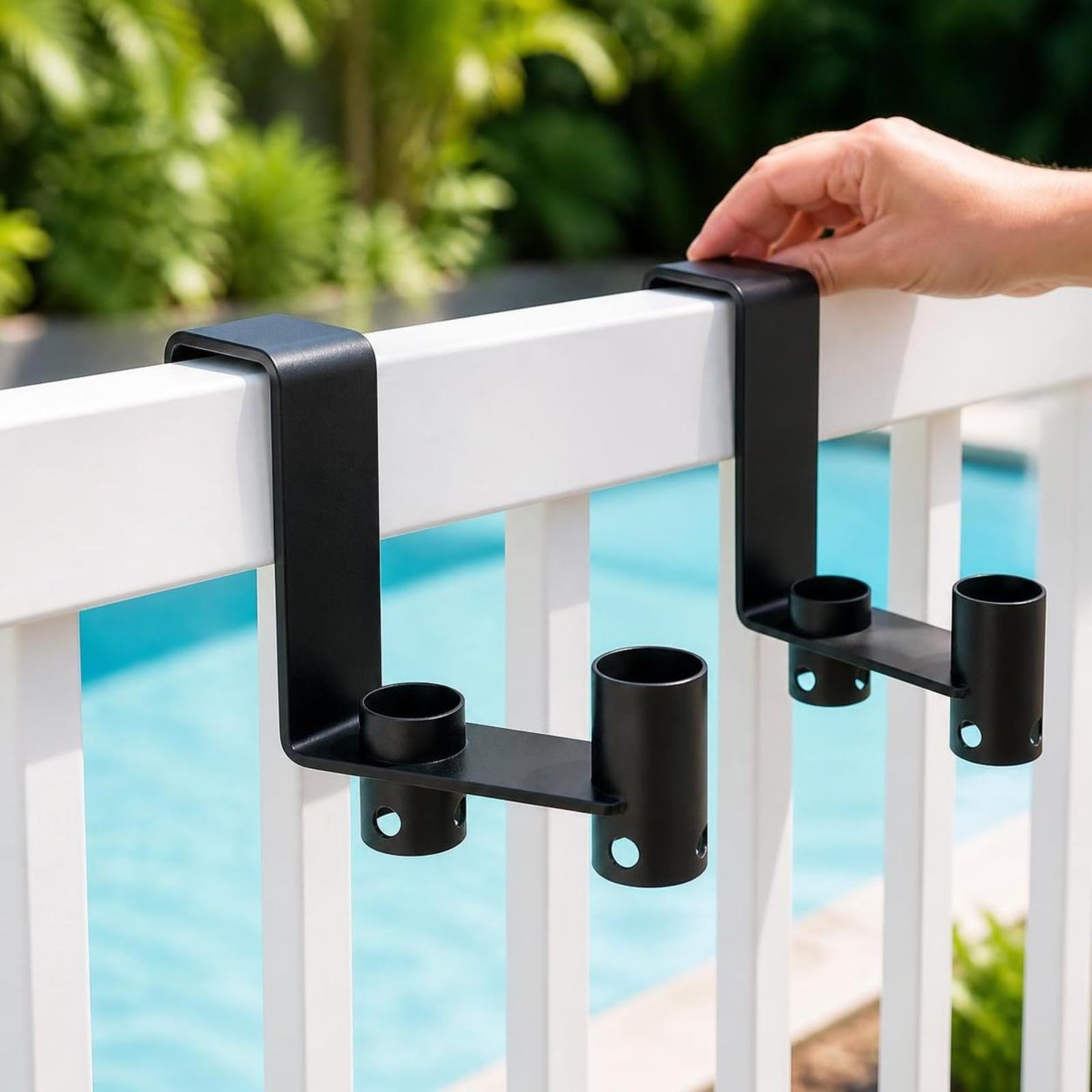 Soporte Acero para Valla Piscina | Acabado con Recubrimiento en Polvo, Protector, Colgador Herramientas Piscina para pasamano, Patio