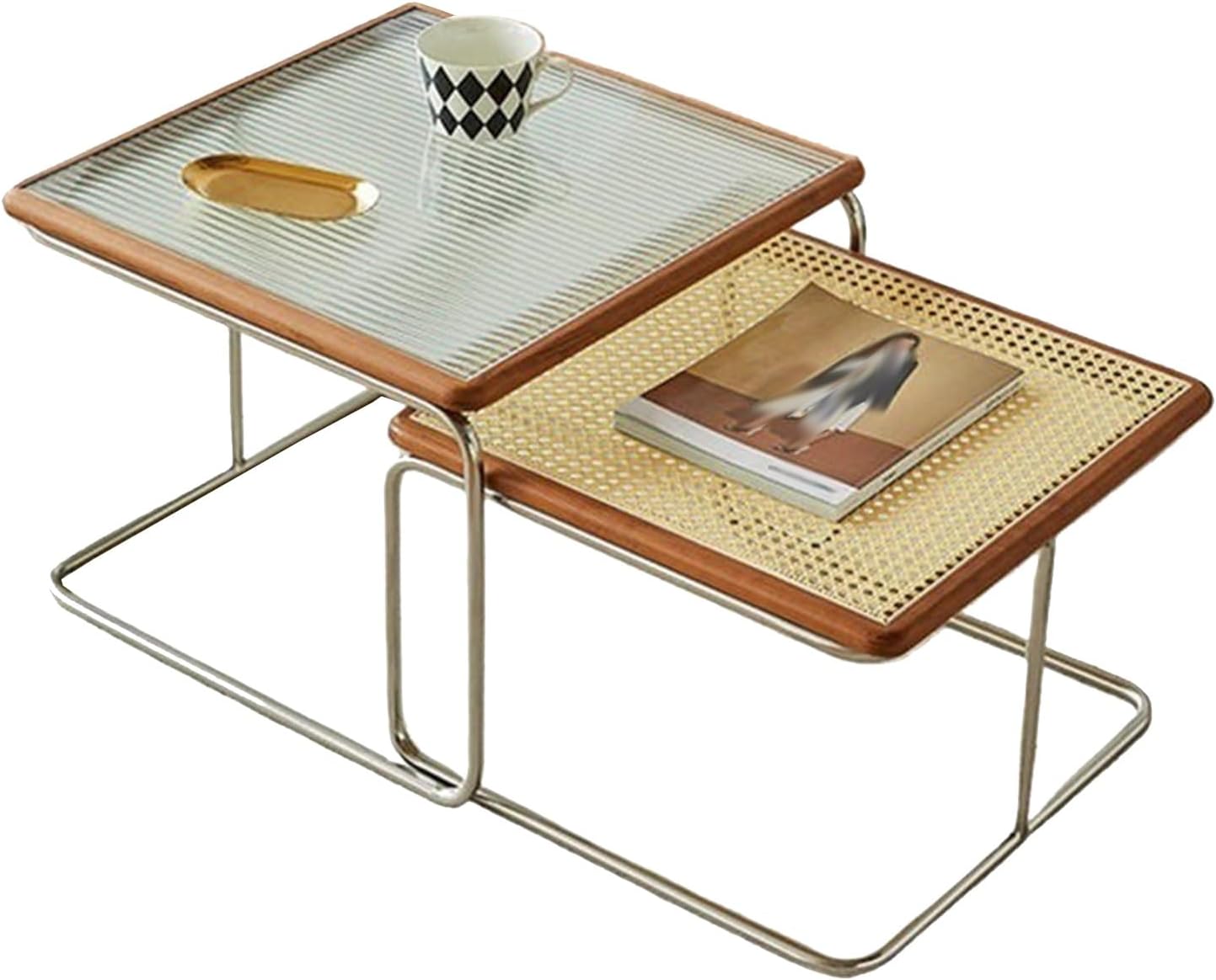 Nesting Coffee Table Set of 2, Modern Rustic Coffee Tables for Living Room, Square Stacking Side Table, Metal Frame Side End Tables, Rattan Weaving and Glass Tabletop(Red)