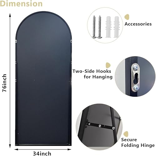 Vista 40 de Espejo arqueado de longitud completa, espejo arqueado de 36 x 78 pulgadas con soporte, montado en la pared para baño, vestidor, para colgar