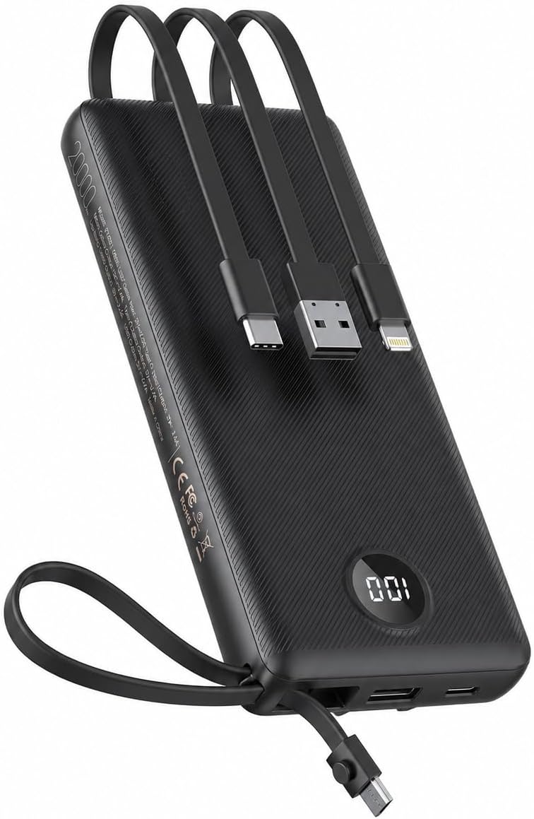 VEEKTOMX 20000mAh Power Bank with 4 Built-in Cables Fast Charging powerbank | Travel Portable Charger External Battery Pack 5 Outputs & 2 Inputs, LED Display for iPhone iPad Samsung, festival essentials