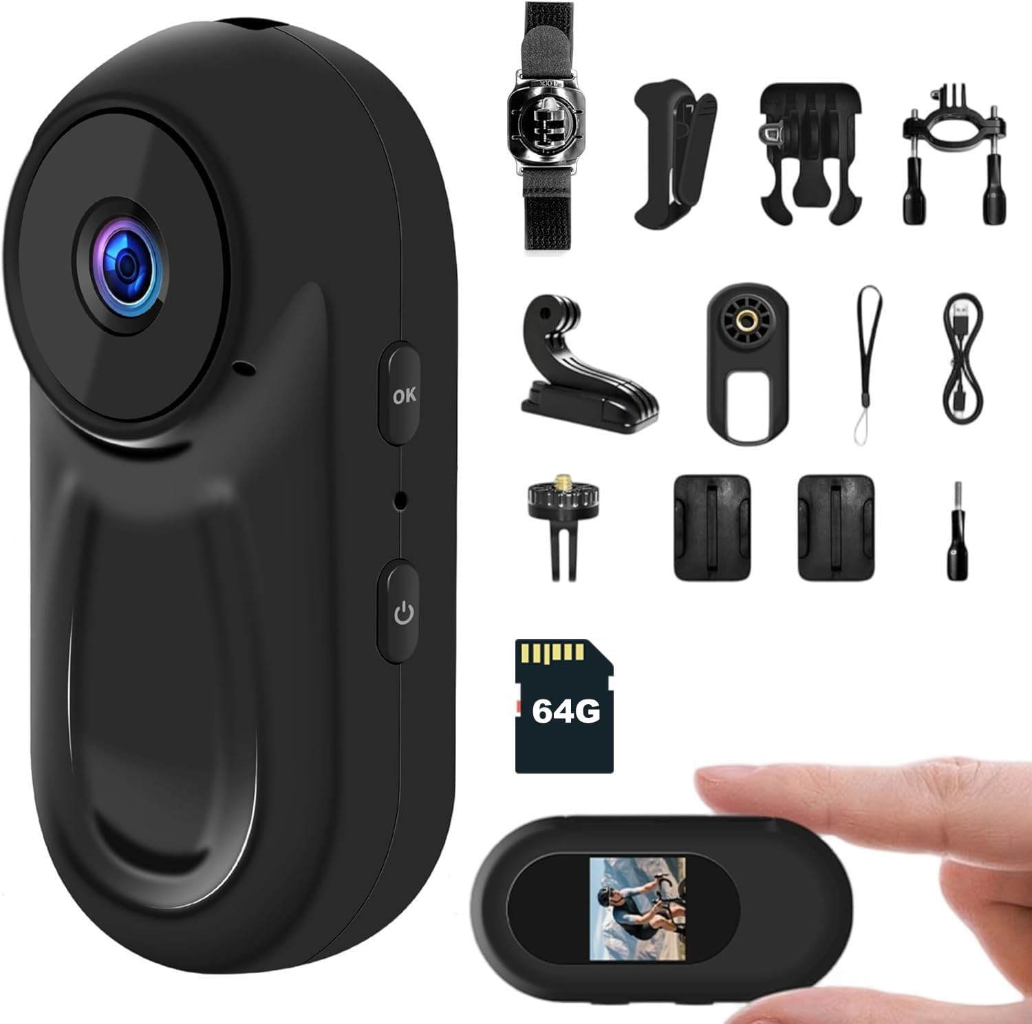Mini Camera Sport Magnétique 64G - Camera Sport Chien 360 Degrés avec Clip Mini Action Caméra 120° Grand Angle 1080P avec Clip 360° Camera 4K Enregistrement POV Mains Libres pour Vélo, Moto et Outdoor