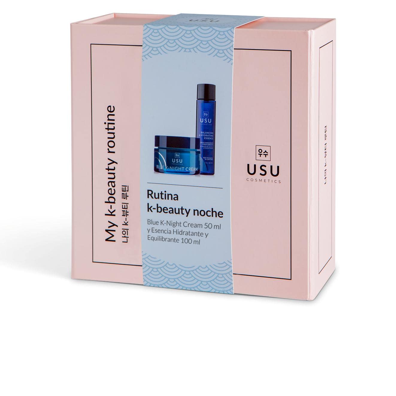 Pack de Rutina K-Beauty de Noche - Esencia Hidratante y Equilibrante + Crema Facial Antiedad Blue K-Night Cream - Combate el Envejecimiento Prematuro - Refresca e Hidrata- USU Cosmetics