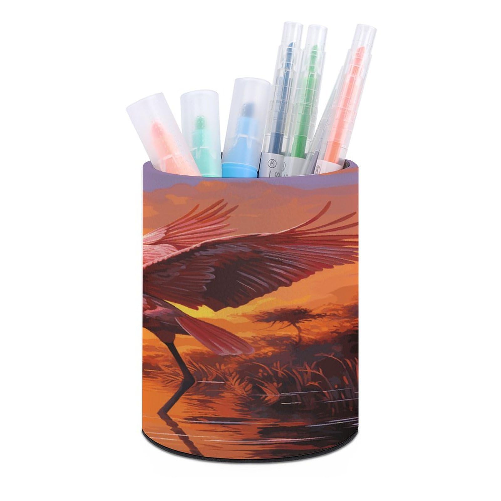 MUSM Pink Flamingo Sunset Pen Holder Round PU Leather Pencil Cup Waterproof Pencil Holder for Desk Pen Cup Pen Organizer Pencil Organizer Makeup Brush Holders for Home Office Decor