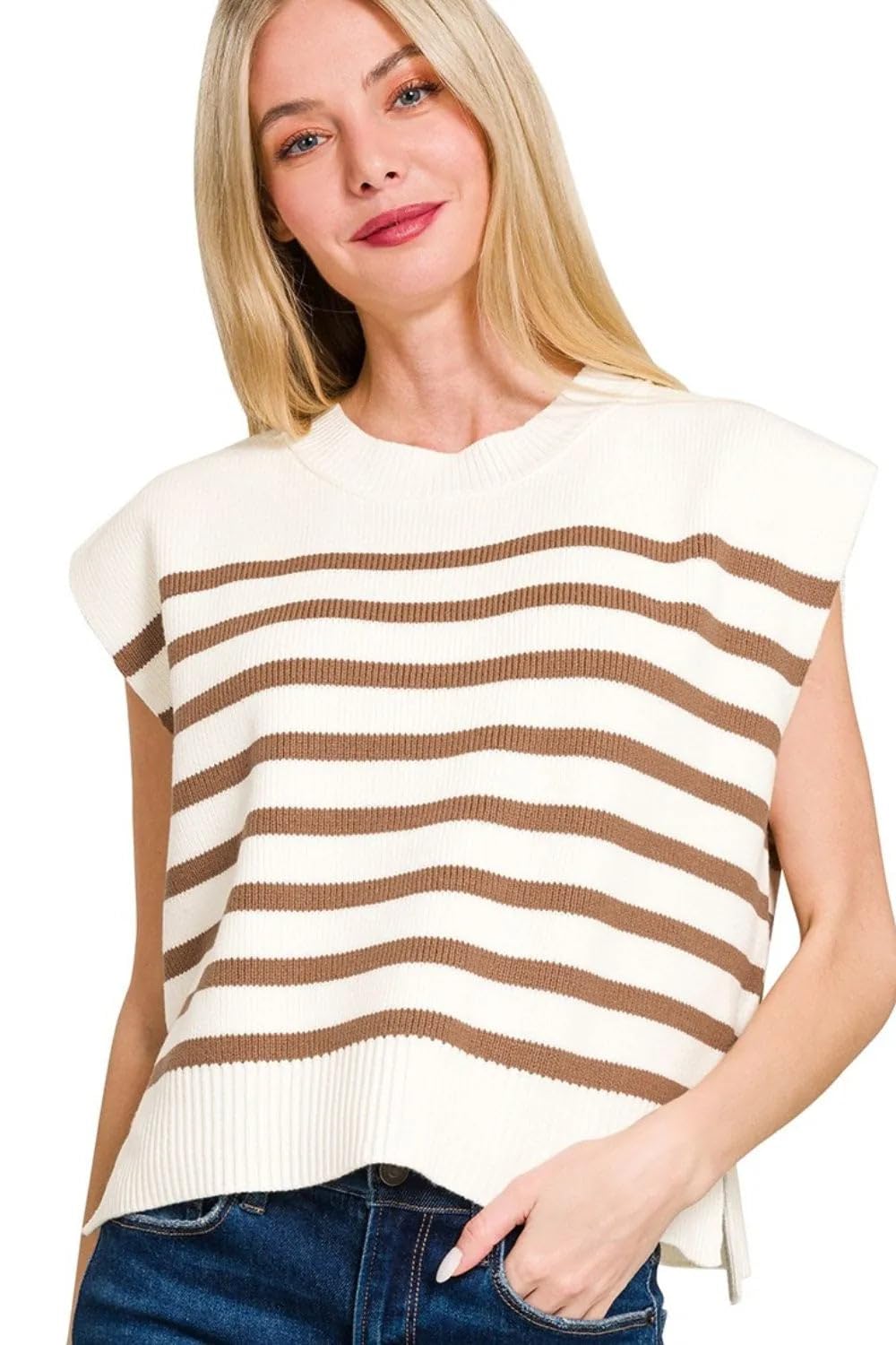 Zenana Oversized Crew Neck Stripe Sweater Vest Mocha L