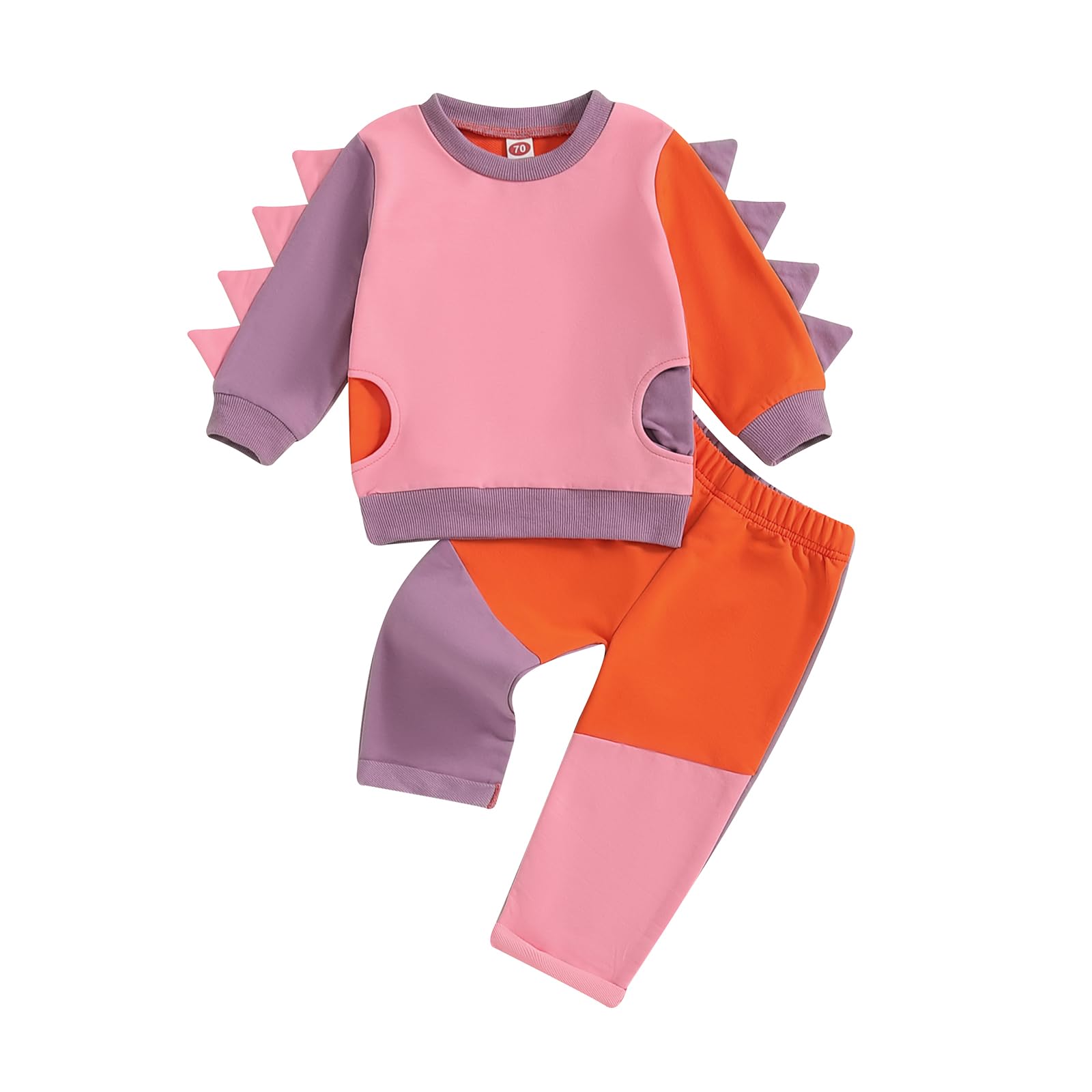 Ursobutegl Toddler Baby Boys Girls Dinosaur Outfit Color Block Long Sleeve Sweatshirt Top Jogger Pant Fall Winter Clothes Set (Pink, 0-6 Months)