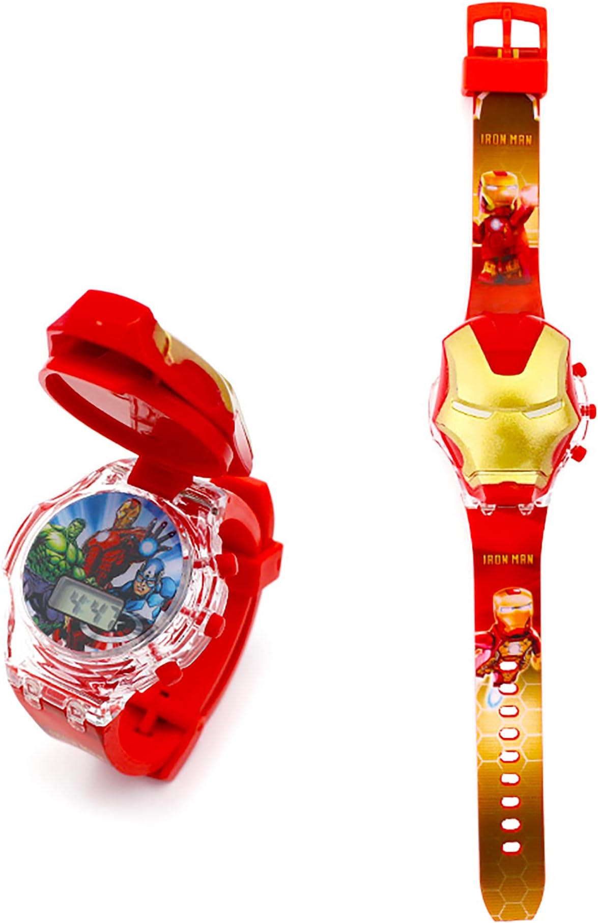 Time Up Digital Dial Superhero Cartoon Cap Printed Strap with Music Disco Light Watch for Kids (Age:3-10 Years)-LMW-BX