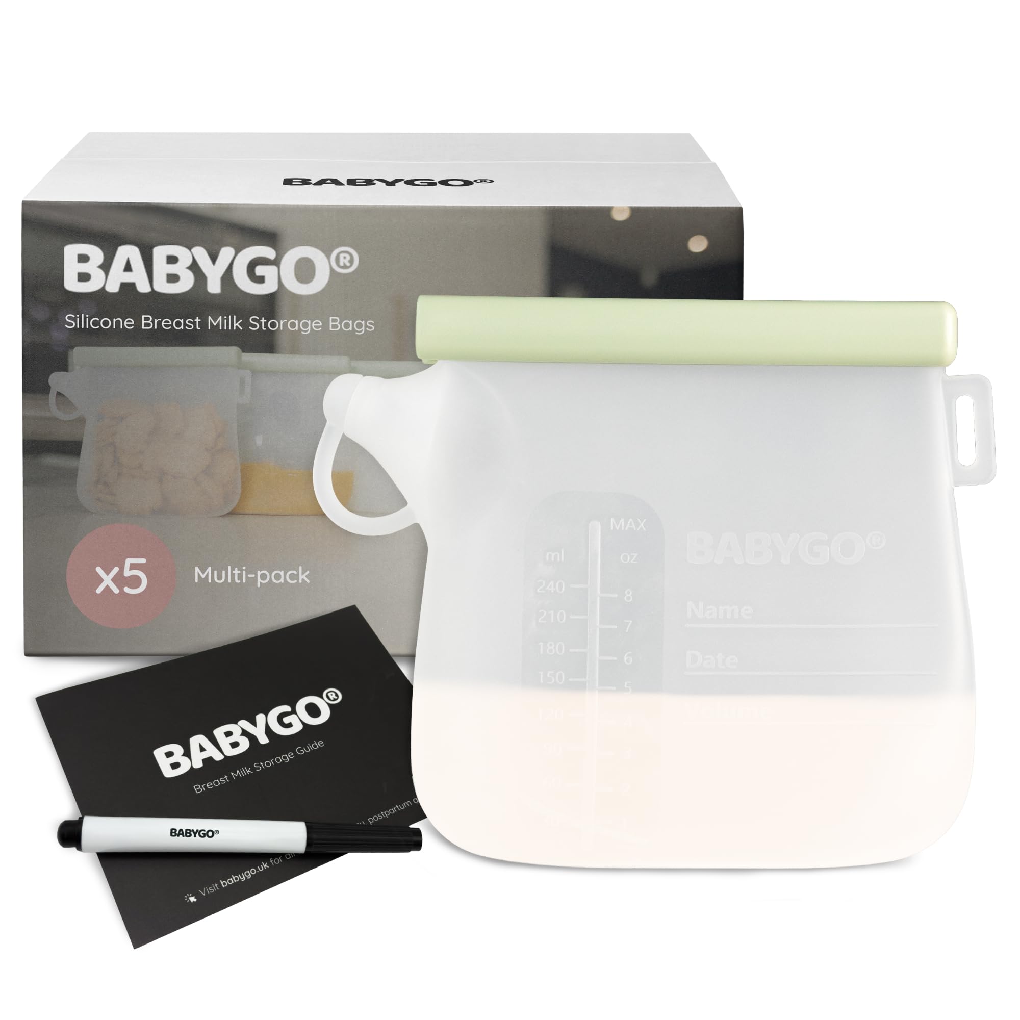 BABYGO® 5 Pcs Reusable Silicone Breast Milk Storage Bags, BPA-Free, Leak-Proof, Freezer & Dishwasher Safe, Easy Pour Spout