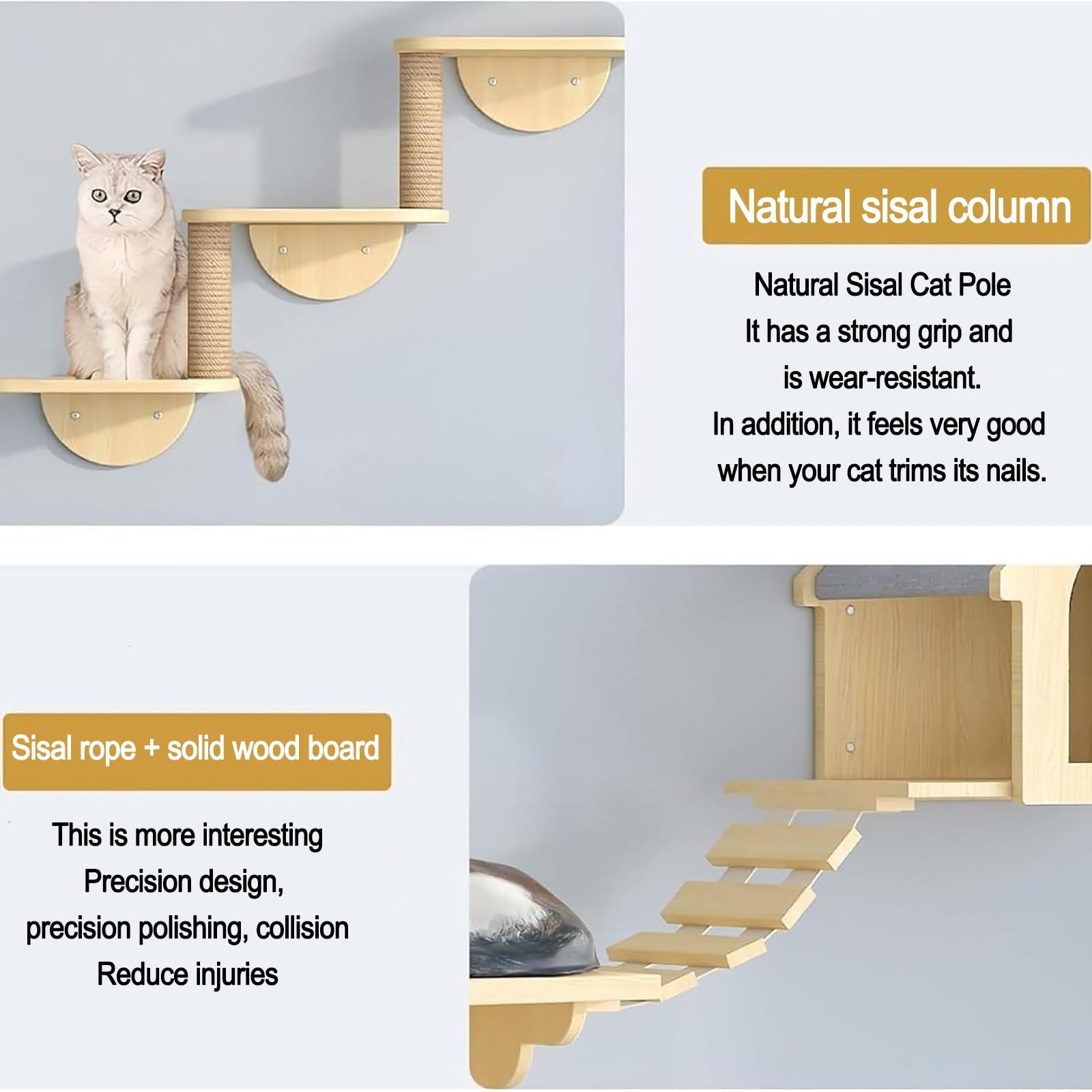 Mensole per Gatti, Accessori Gatti, con Cuccia, Gradini, Tiragraffi - Mensola per Arrampicata in Legno Naturale per Micio da Interno(11pcs)