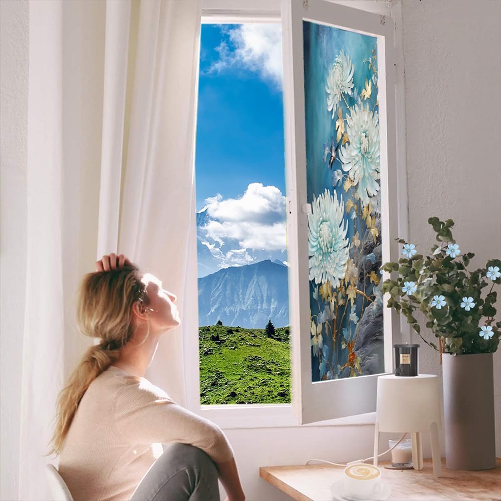 Beautiful Wildflower Privacy Window Film Natural Flower Leaf Butterfly Stained Glass Window Coverings Adhesive Sticker Frosted Window Film for Home Office Stores 35.4Wx63L inch