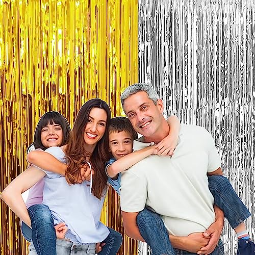 Image of 6 Pieces Foil Fringe Tinsel Party Curtains for Photo Backdrop (Gold-Silver)