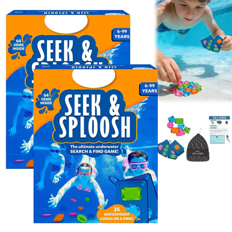 Kids Underwater Diving Pool Treasure Game Toy Set, Summer Swimming Submersible Gem Play Kit with 64 Diving Gems 35 Game Cards Storage Bag Instruction Manual ，2pcs