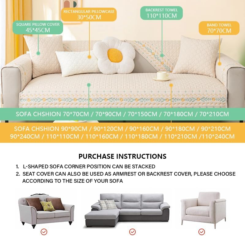 Miniatura 7 de KCCRHIN Funda de sofá de algodón lavado bordado suave y gruesa funda para sofá de 3 cojines en forma de L para sofá de cuatro estaciones, protector