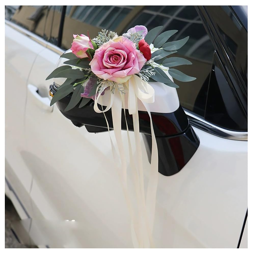 Autoschleifen Seidenblume Simulation Blume Schleife Autoschmuck Auto Car Türgriffleiste Rückspiegel Hochzeit Stuhl Zurück Dekoration Blumen für Kirche Hochzeitsauto Hochzeit Beerdigung Party Deko