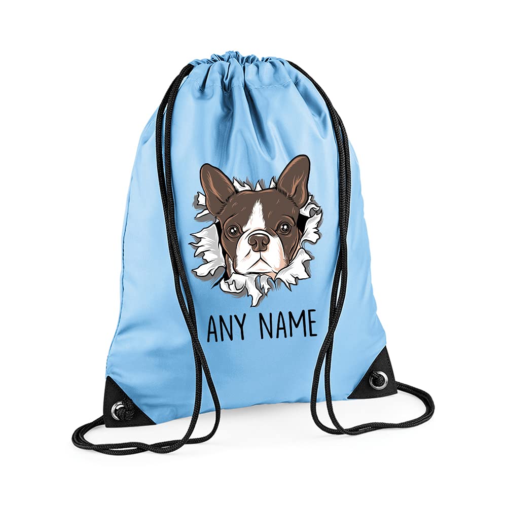 Personalised Bulldog Miniature with ANY NAME, Gift for Pet/Dog Owner, Friends, Family, Birthday Present, Drawstring Bag, PE Gym Kit, Swimming Rucksack. (Sky Blue)