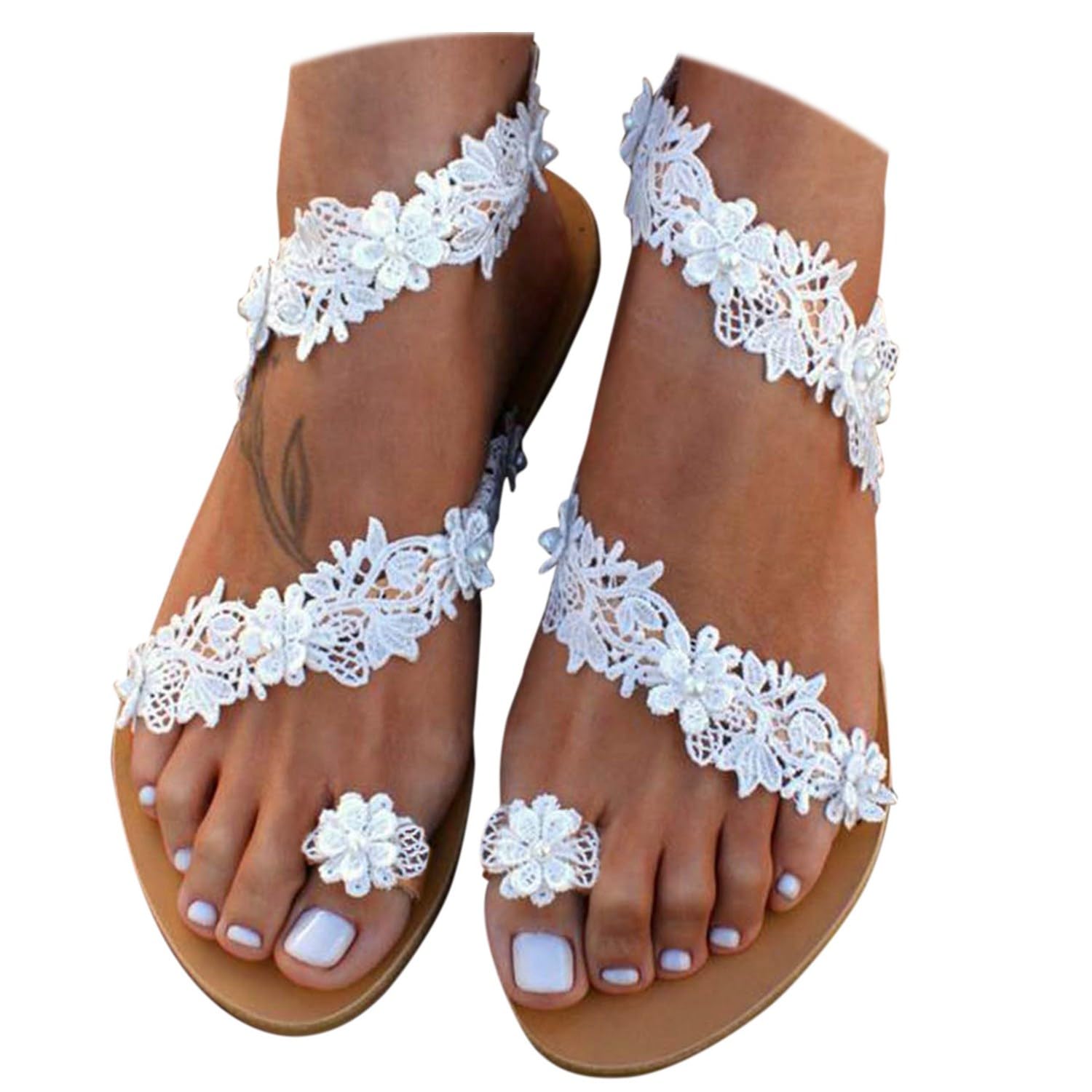 Flat Sandals for Women, White Sandals Woman Dressy Summer, Bohemian Lace Flower Beach Flip Flops Elegant Bridal Sandals Toe Ring Strappy Wedding