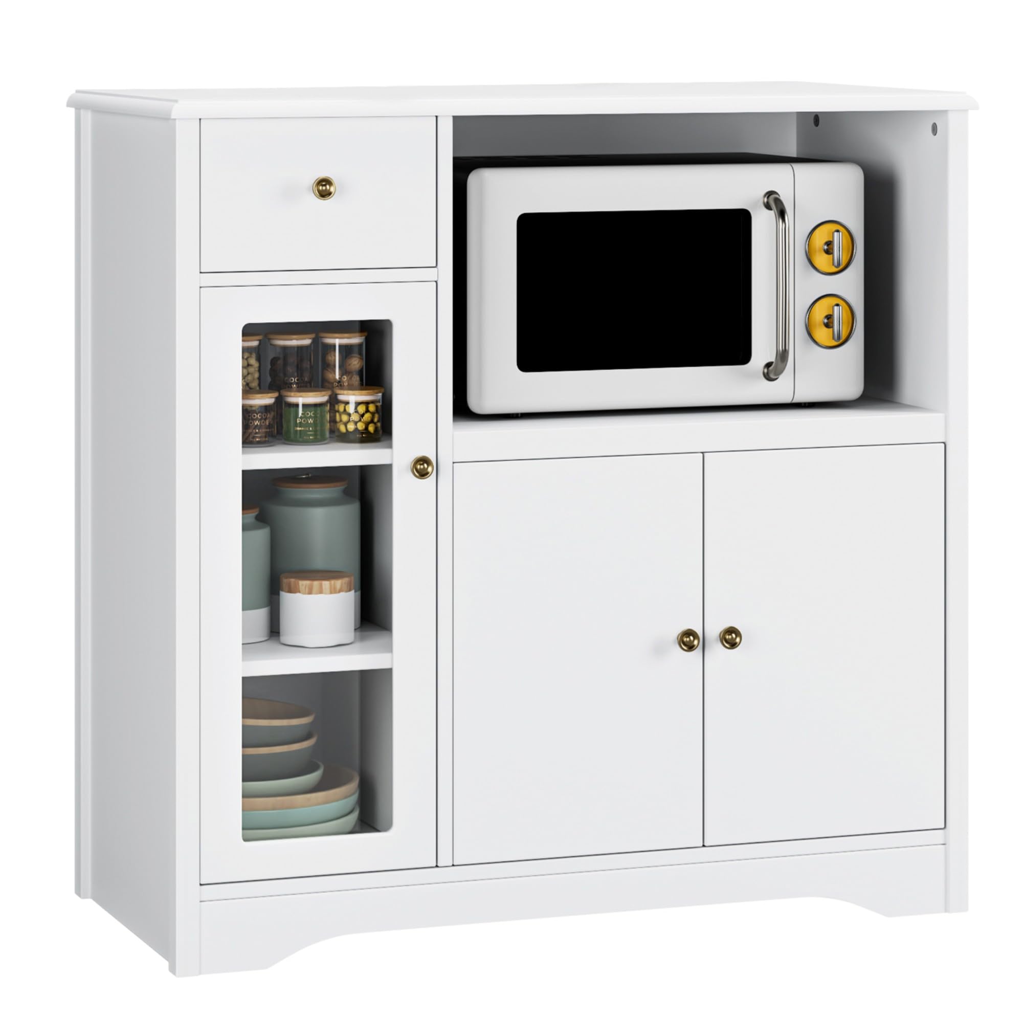 HOCSOK Aparador Cocina para Microondas Alacena de Cocina con 3 Estantes Puertas y Cajones Mueble de Almacenamiento para Cocina y Comedor de Madera Blanco 90 x 40 x 82 cm
